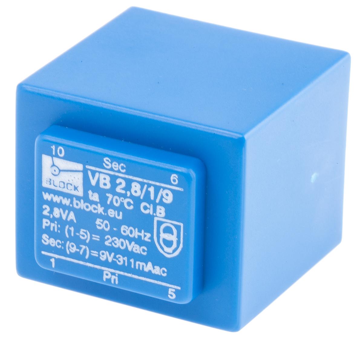 Block Printtrafo, Trafo 230V ac / 9V ac 2.8VA 1 Ausg. 32.3mm x 27.3mm x 34mm 140g Durchsteckmontage