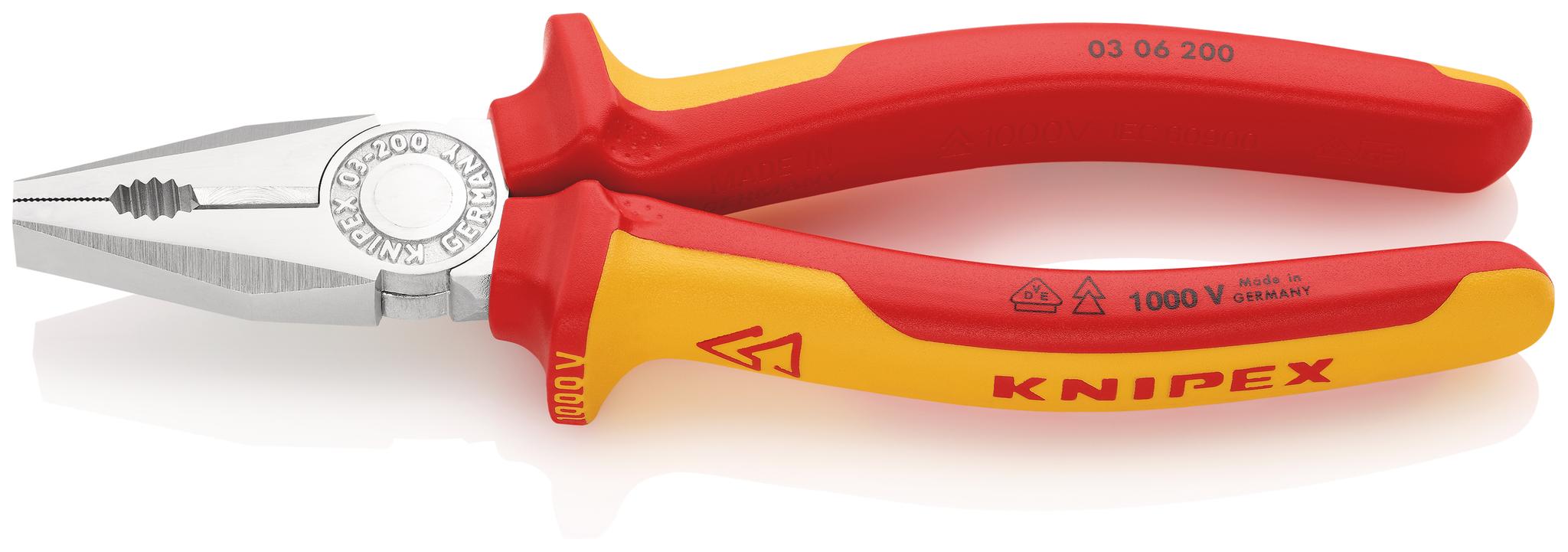 Produktfoto 1 von Knipex Kombizange, gebogen Schneidkraft → Kupferkabel: 13 mm harter Draht: 2,5 mm mittelharter Draht: 3,8 mm 200 mm VDE