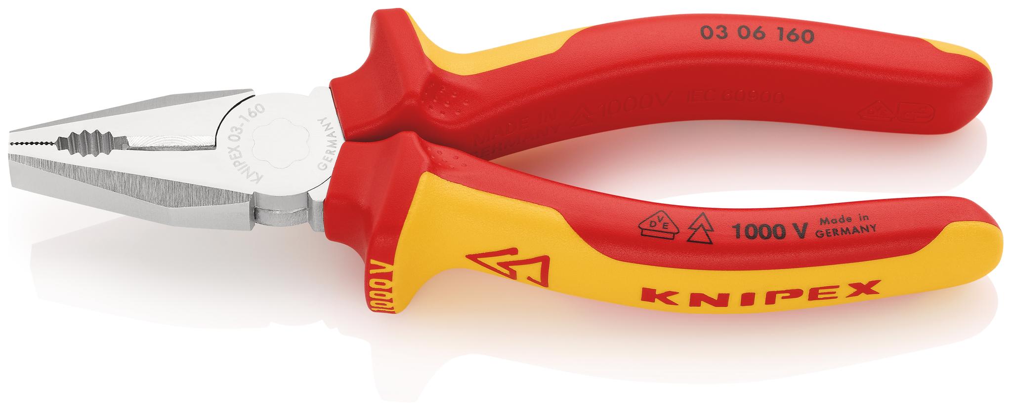 Produktfoto 1 von Knipex Kombizange, gebogen Schneidkraft → Kupferkabel: 10 mm harter Draht: 2 mm mittelharter Draht: 3,1 mm 160 mm VDE