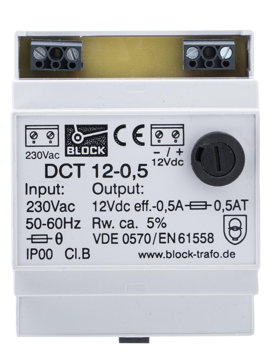 Produktfoto 1 von Block DCT Linear DIN-Schienen Netzteil 6W, 230V ac, 12V dc / 500mA