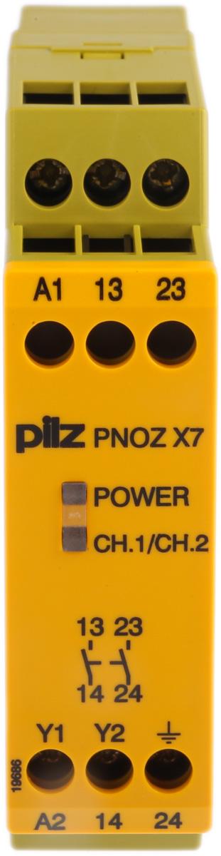 Produktfoto 1 von Pilz PNOZ X7 Sicherheitsrelais, 230V ac, 1-Kanal, 2 Sicherheitskontakte Sicherheitsschalter/Verriegelung, 2 ISO