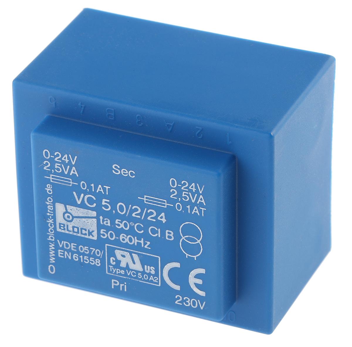 Block Printtrafo, Trafo 230V ac / 24V ac 5VA 2 Ausg. 44mm x 33mm x 37mm 190g Durchsteckmontage