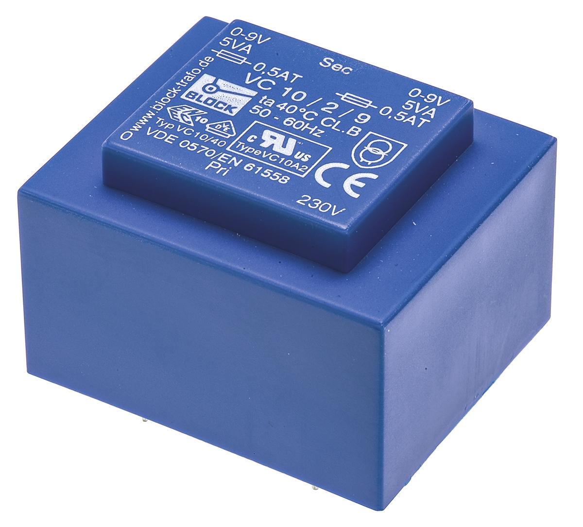 Block Printtrafo, Trafo 230V ac / 9V ac 10VA 2 Ausg. 51mm x 34.6mm x 43mm 280g Durchsteckmontage