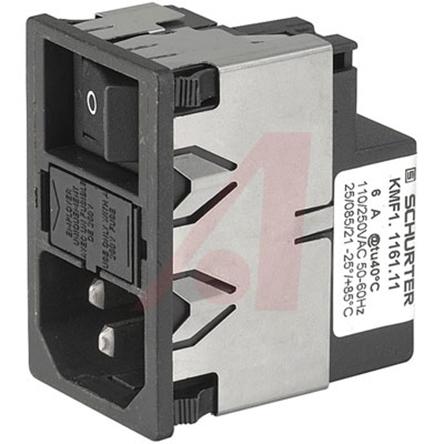 Produktfoto 1 von Schurter C14 IEC-Steckerfilter Stecker mit 2-Pol Schalter 5 x 20mm Sicherung, 125 V ac, 250 V ac / 1A, Snap-In /