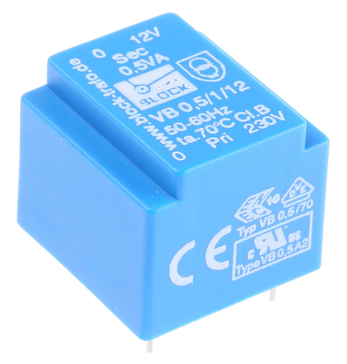 Block Printtrafo, Trafo 230V ac / 12V ac 0.5VA 1 Ausg. 22mm x 22.7mm x 19mm 40g Durchsteckmontage