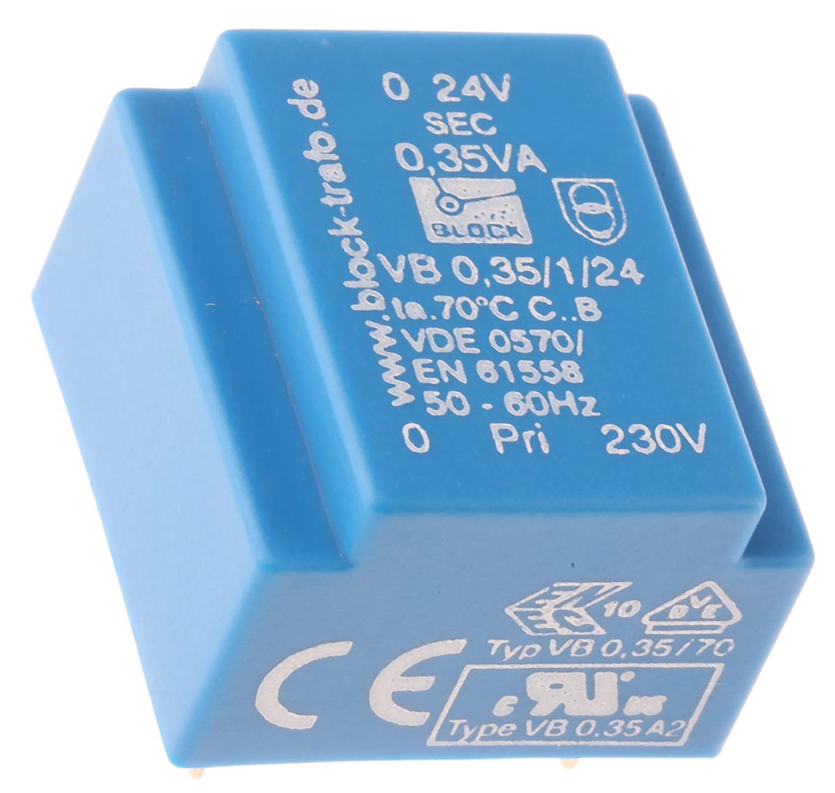 Block Printtrafo, Trafo 230V ac / 24V ac 0.35VA 1 Ausg. 22mm x 22.7mm x 15mm 20g Durchsteckmontage