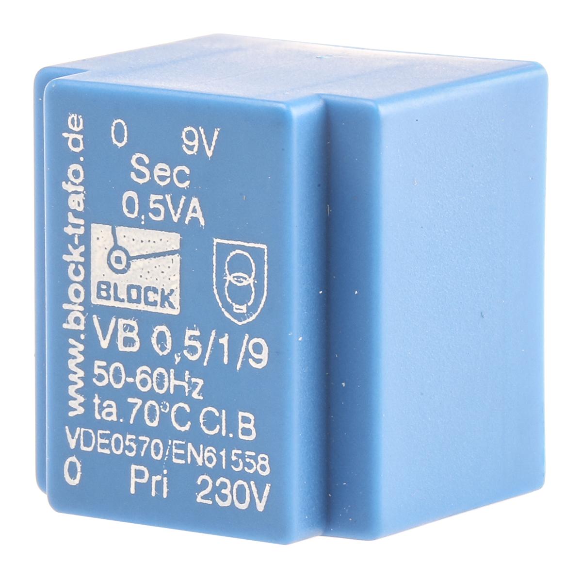 Block Printtrafo, Trafo 230V ac / 9V ac 0.5VA 1 Ausg. 22mm x 22.7mm x 19mm 40g Durchsteckmontage