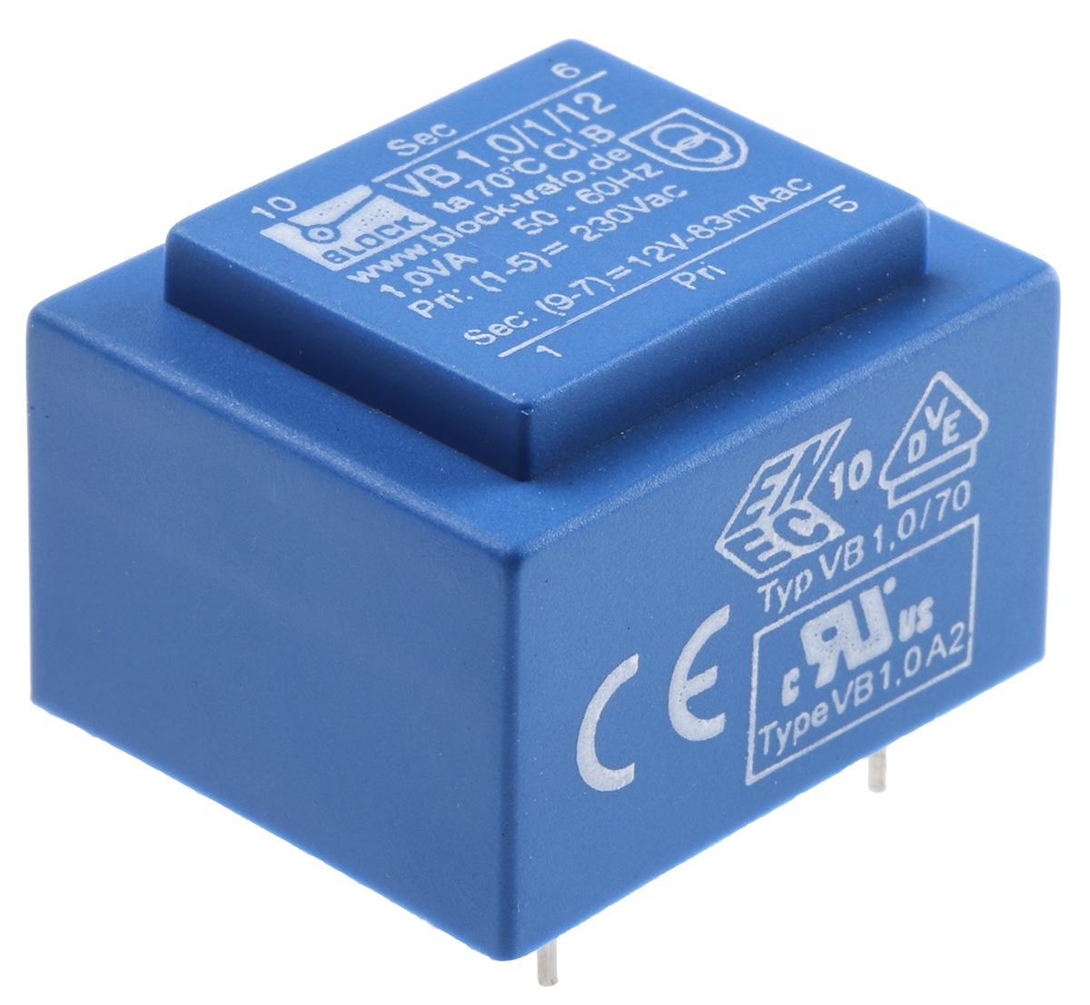 Block Printtrafo, Trafo 230V ac / 12V ac 1VA 1 Ausg. 32.3mm x 27.3mm x 21.8mm 70g Durchsteckmontage