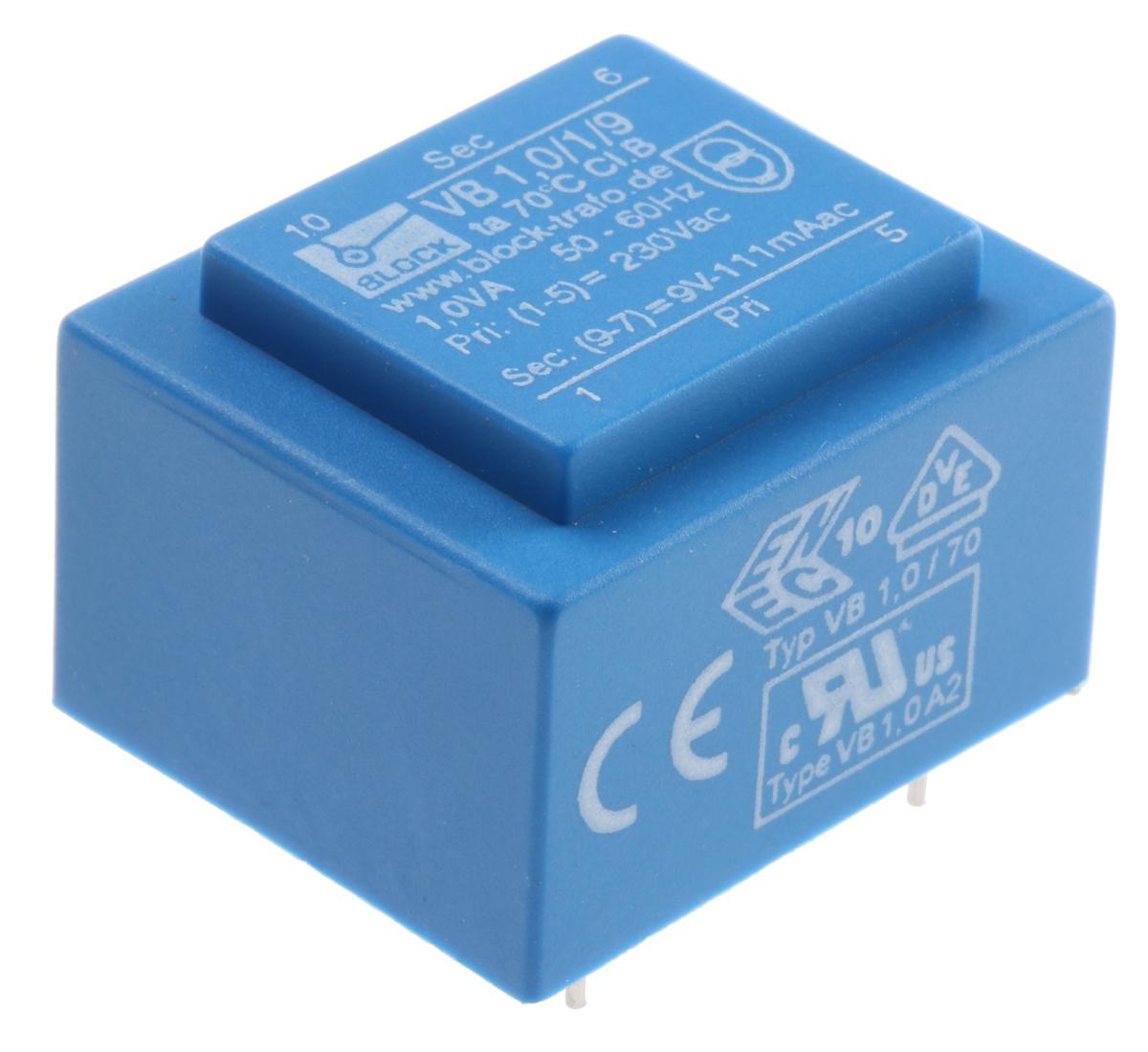 Block Printtrafo, Trafo 230V ac / 9V ac 1VA 1 Ausg. 32.3mm x 27.3mm x 21.8mm 70g Durchsteckmontage