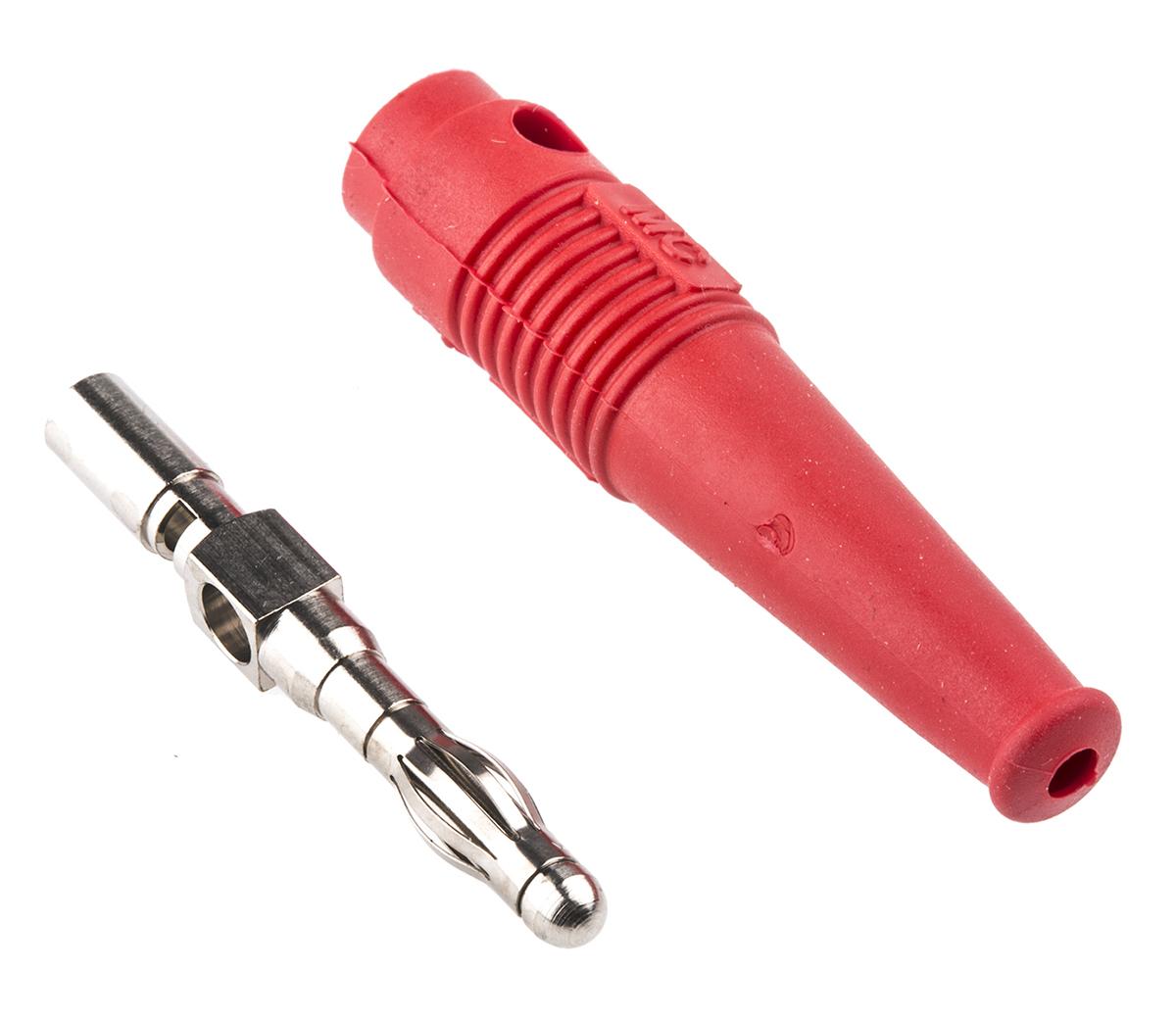 Produktfoto 1 von Stäubli 4 mm Bananenstecker Rot, Kontakt vernickelt, 30 V, 60V dc / 32A, Lötanschluss