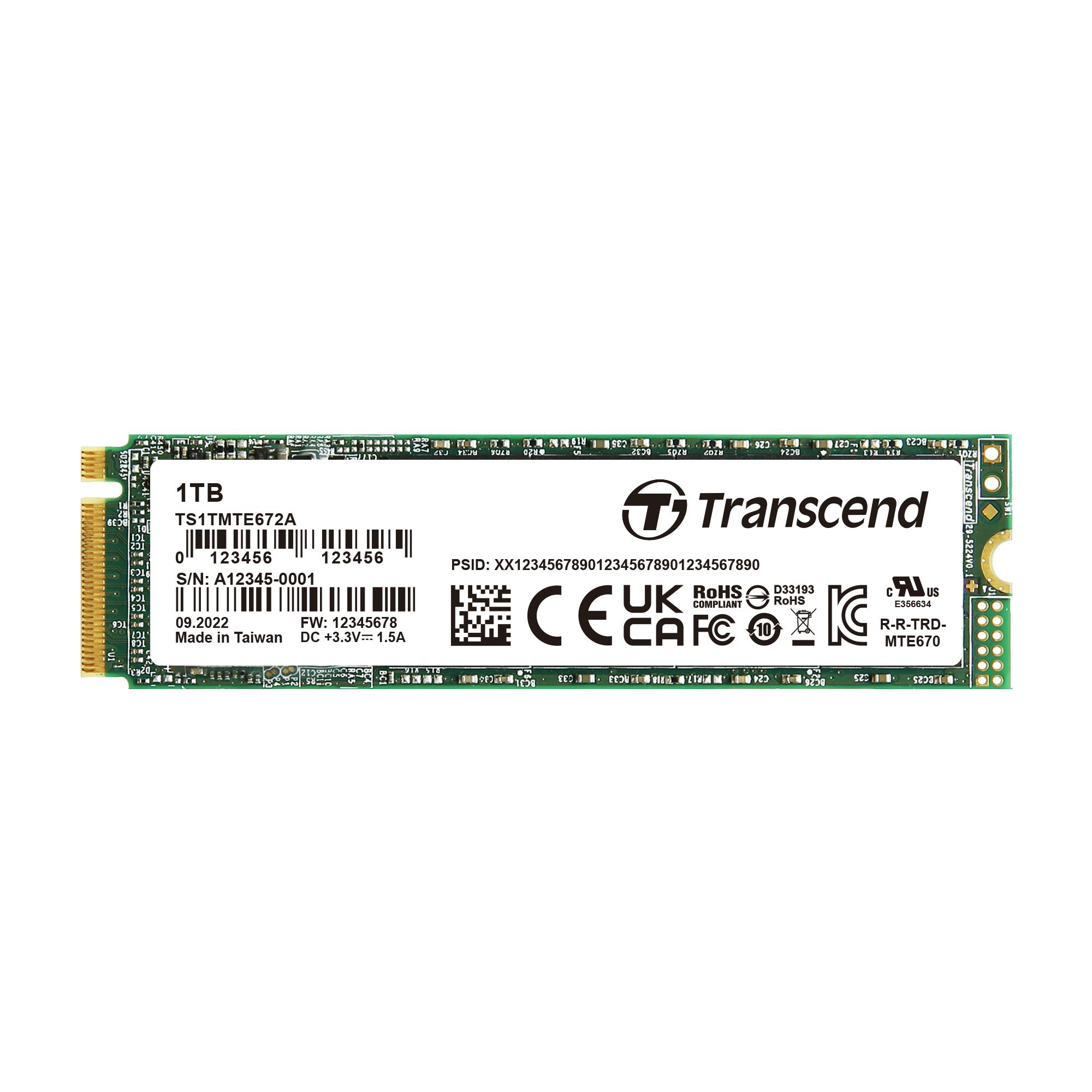 Produktfoto 1 von Transcend MTE672 A, M.2 2280 Intern HDD-Festplatte NVMe PCIe Gen 3 x 4 Industrieausführung, 3D TLC, 1 TB, SSD