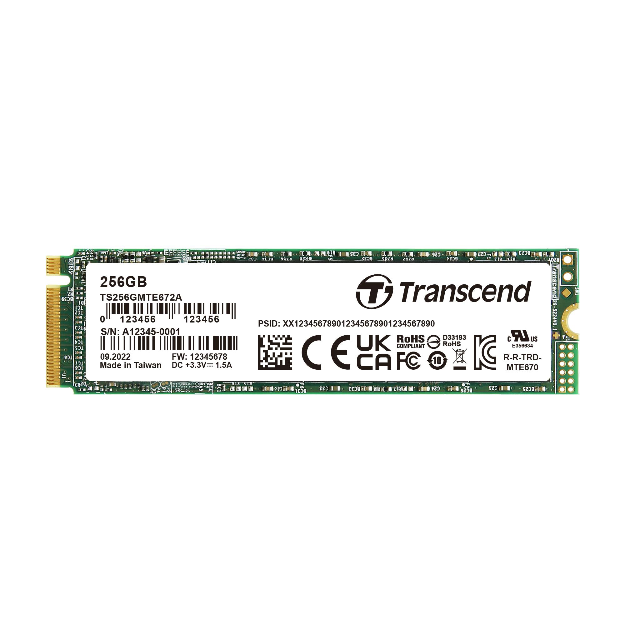 Produktfoto 1 von Transcend MTE672 A, M.2 2280 Intern HDD-Festplatte NVMe PCIe Gen 3 x 4 Industrieausführung, 3D TLC, 256 GB, SSD