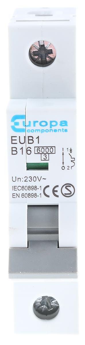 Produktfoto 1 von Europa EUB MCB Leitungsschutzschalter Typ B, 1-polig 16A 230 V ac, 240 V ac EUB1