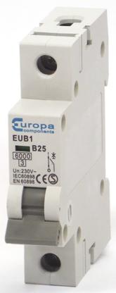 Produktfoto 1 von Europa EUB MCB Leitungsschutzschalter Typ B, 1-polig 25A 230 V ac, 240 V ac EUB1