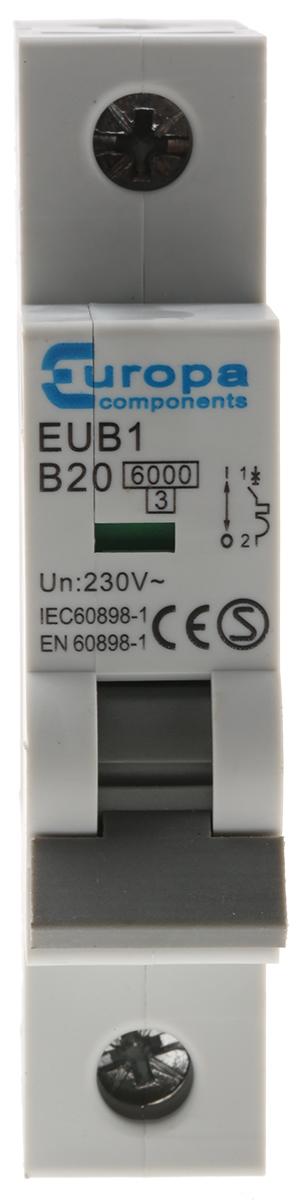 Produktfoto 1 von Europa EUB MCB Leitungsschutzschalter Typ B, 1-polig 20A 230 V ac, 240 V ac EUB1