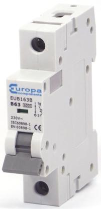 Produktfoto 1 von Europa EUB MCB Leitungsschutzschalter Typ B, 1-polig 63A 230 V ac, 240 V ac EUB1