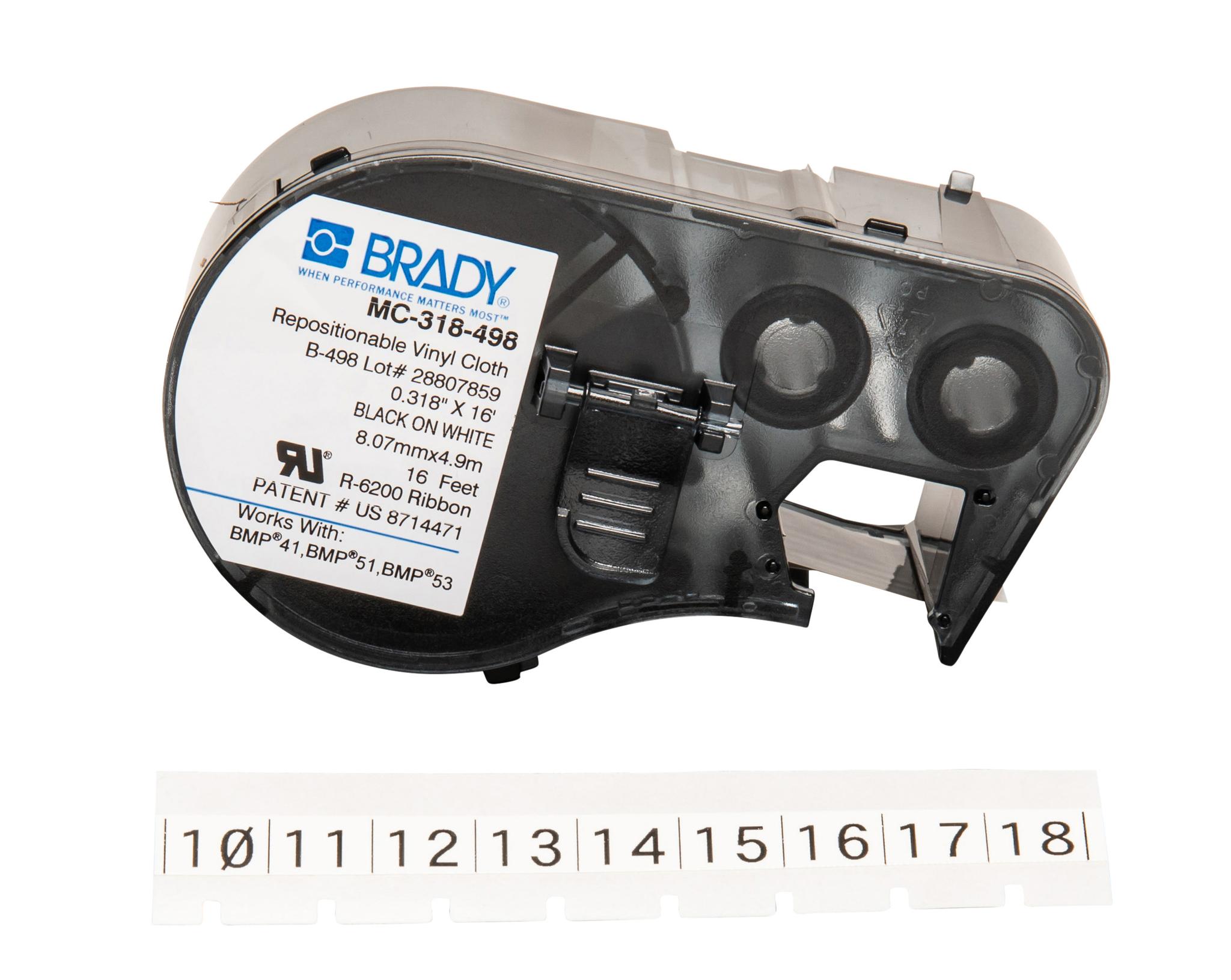 Produktfoto 1 von Brady B-498 Repositionable Vinyl Beschriftungsband Schwarz für BMP41, BMP51, BMP53 auf Weiß