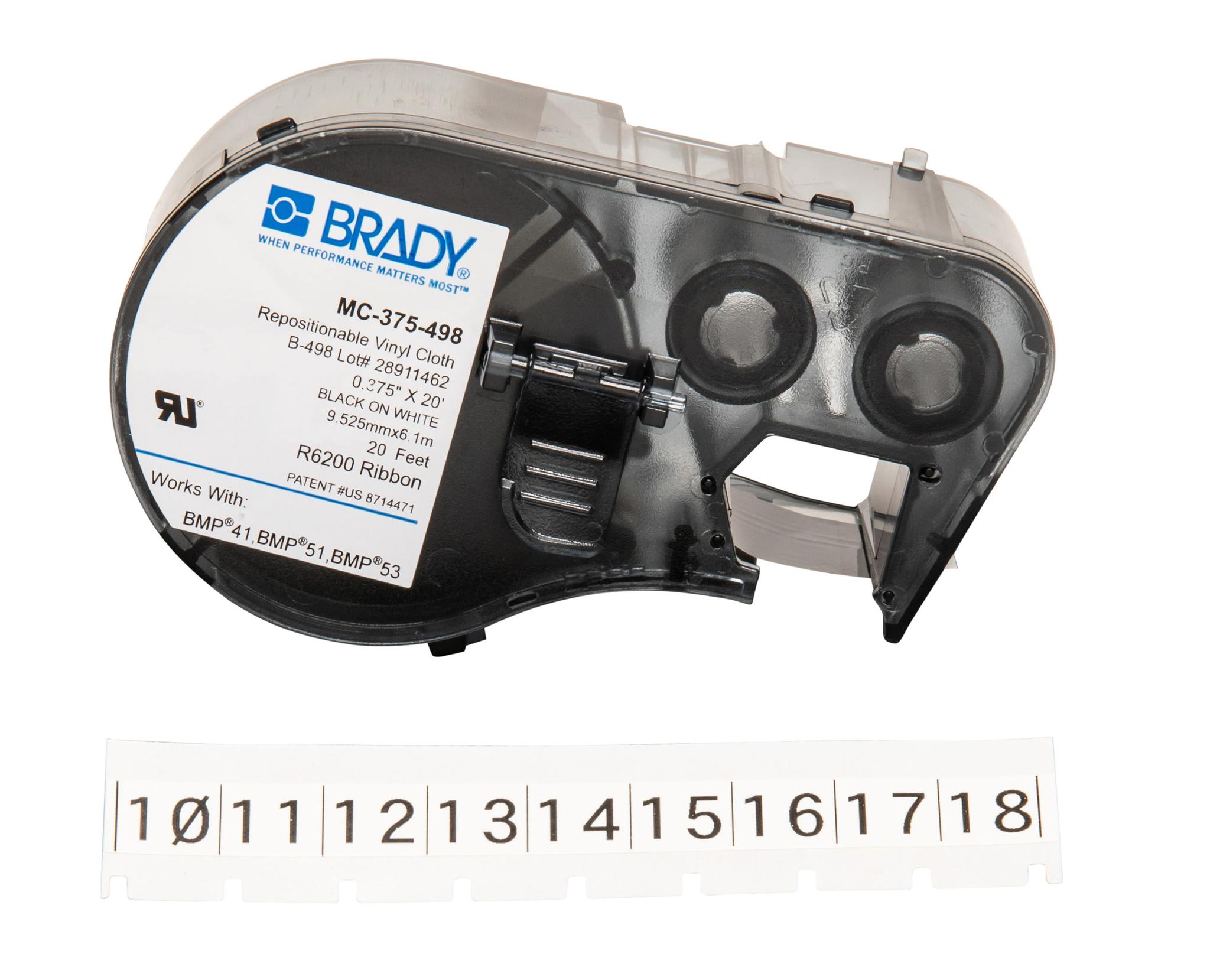 Produktfoto 1 von Brady B-498 Repositionable Vinyl Beschriftungsband Schwarz für BMP41, BMP51, BMP53 auf Weiß