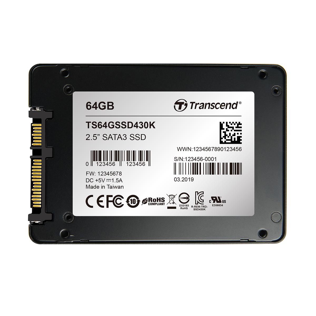 Produktfoto 1 von Transcend SSD430K, 2,5 Zoll Intern HDD-Festplatte Industrieausführung, TLC, 64 GB, SSD