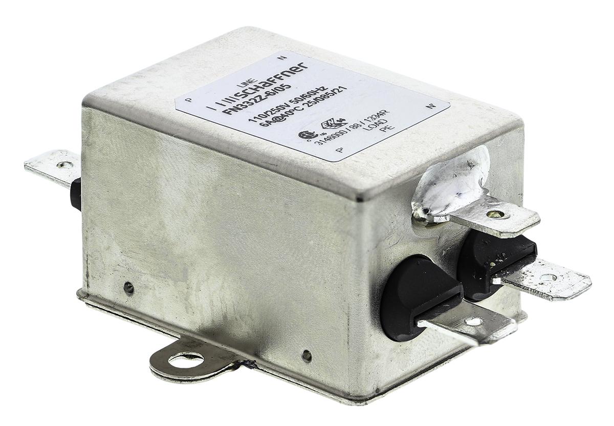 Schaffner FN332 Entstörfilter, 250 V ac, 6A, Gehäusemontage, Flachstecker, 1-phasig 0,34 mA / 0 → 400Hz Single