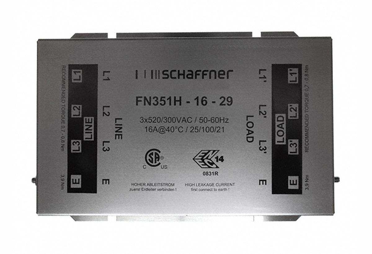 Produktfoto 1 von Schaffner FN351 Entstörfilter, 3 x 520/300 V ac, 16A, Gehäusemontage 8W, Anschlussblock, 3-phasig 2,3 mA / 0 →