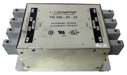 Schaffner FN 356 Entstörfilter, 3 x 440/250 V ac, 25A, Gehäusemontage 10.1W, Anschlussblock, 3-phasig 0,43 mA / 0