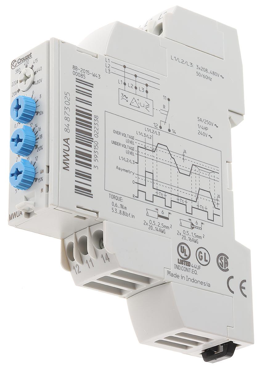 Produktfoto 1 von Crouzet MWUA Überwachungsrelais, für Phase, Spannung 183 → 528V ac 3-phasig, 1-poliger Wechsler Überspannung,