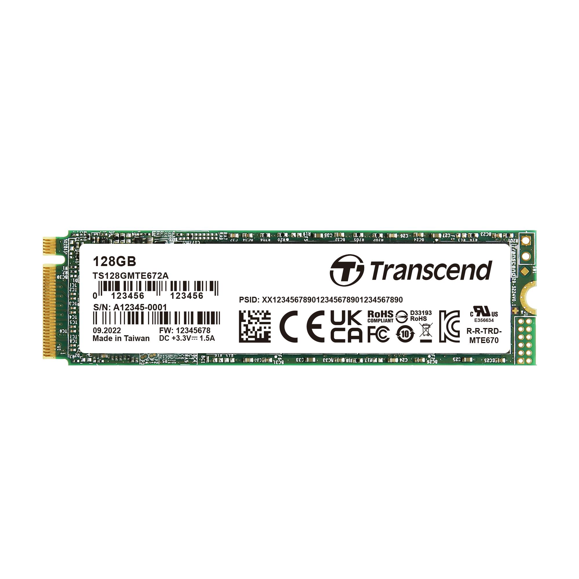 Produktfoto 1 von Transcend MTE672 A, M.2 2280 Intern HDD-Festplatte NVMe PCIe Gen 3 x 4 Industrieausführung, 3D TLC, 128 GB, SSD