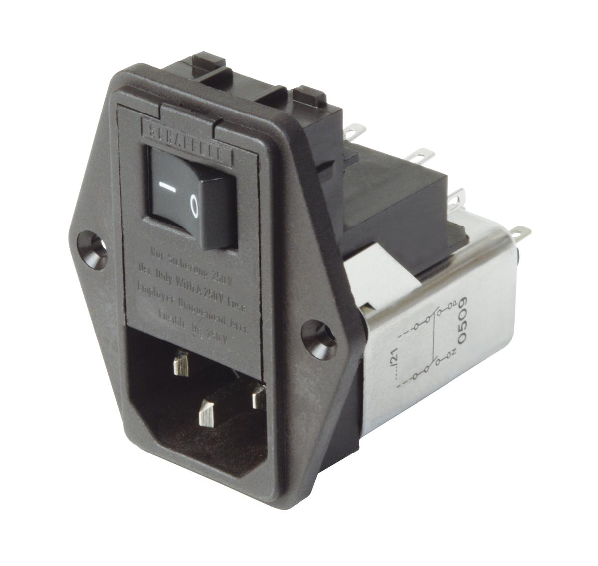 Produktfoto 1 von Schaffner IEC/EN 60939 IEC Filter Stecker, 250 V ac / 6A, Tafelmontage / Lötanschluss