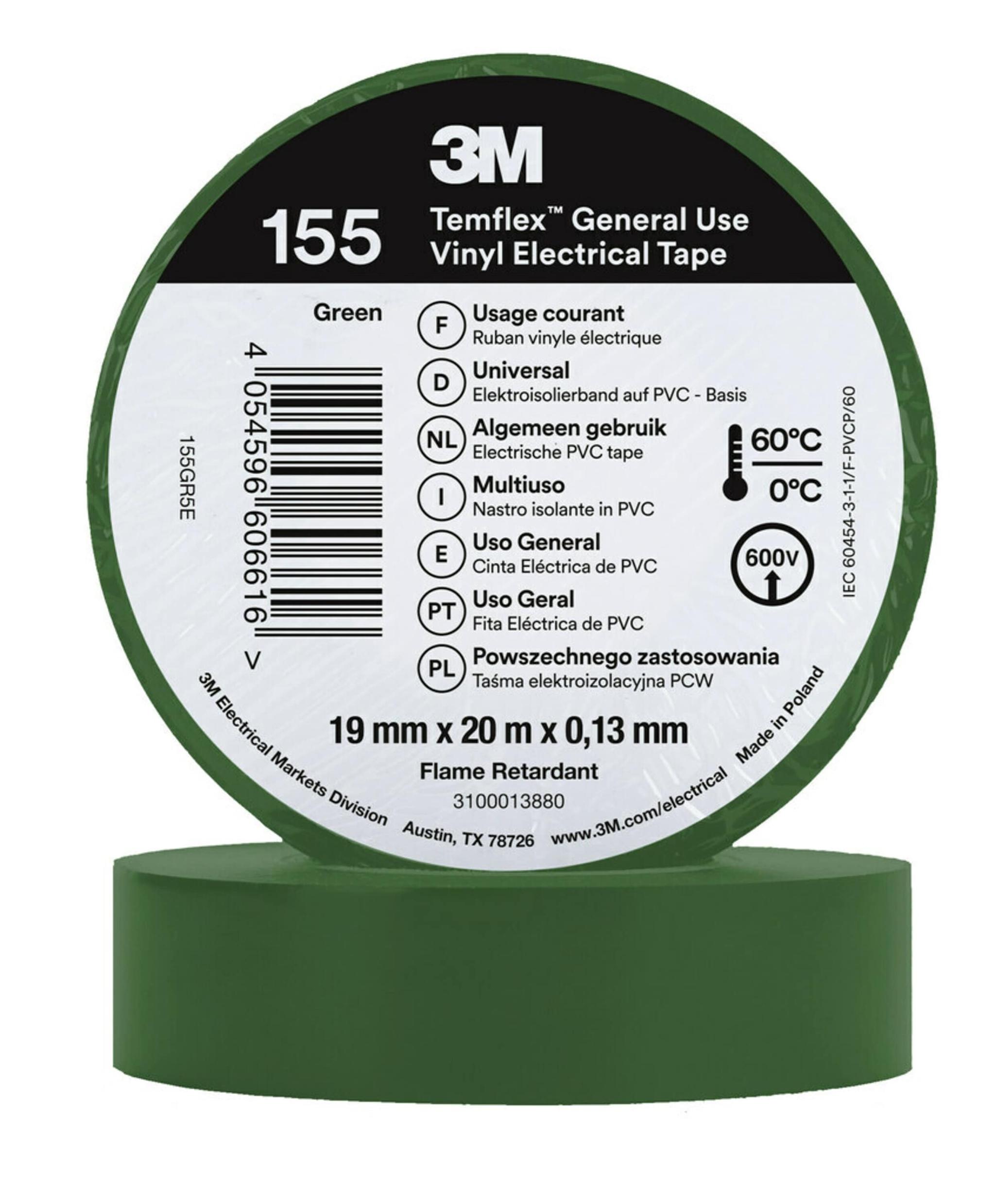 3M Temflex 155 Isolierband, Vinyl Grün, 0.13mm x 19mm x 20m bis +60°C