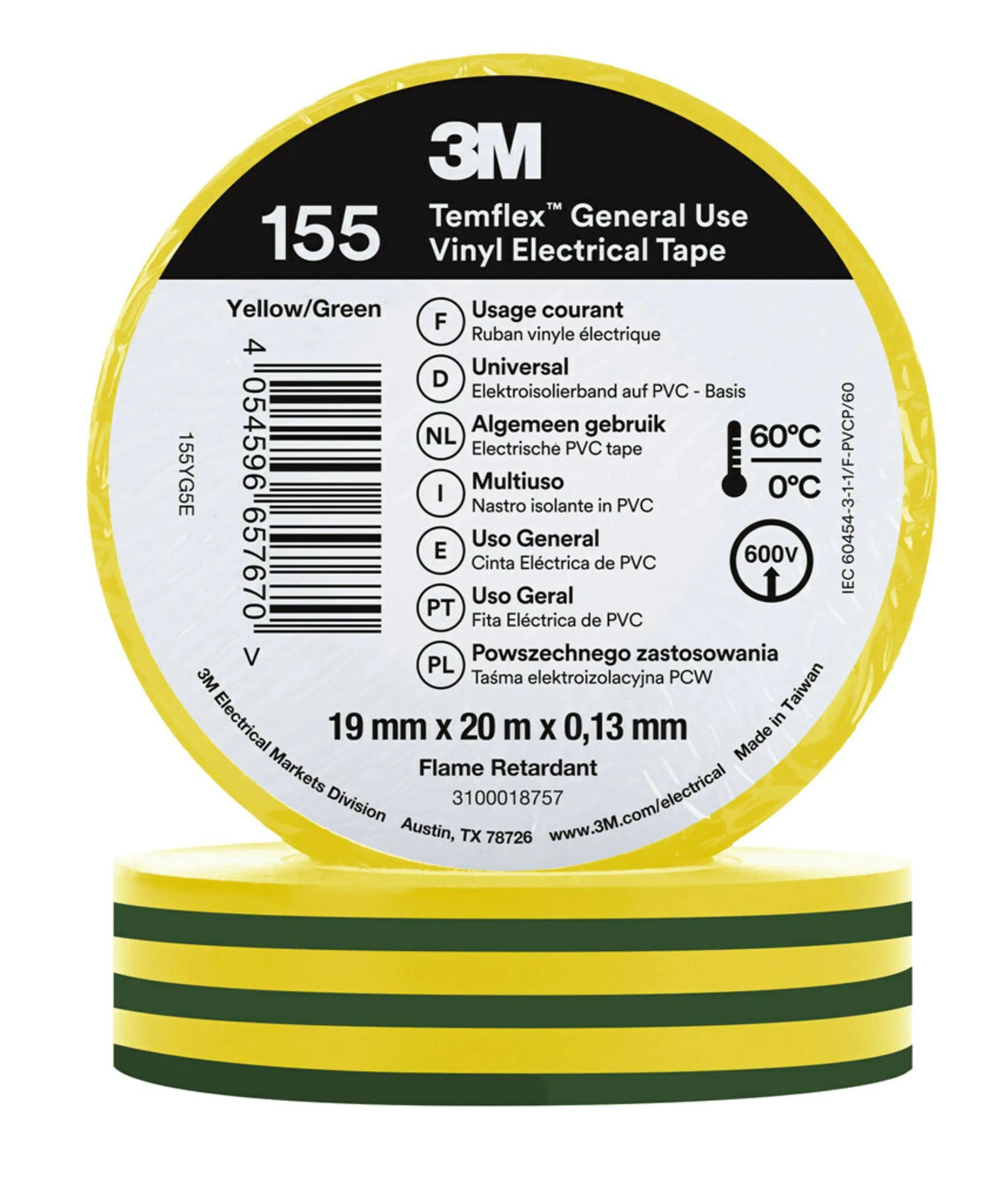 3M Temflex 155 Isolierband, Vinyl Grün, Gelb, 0.13mm x 19mm x 20m