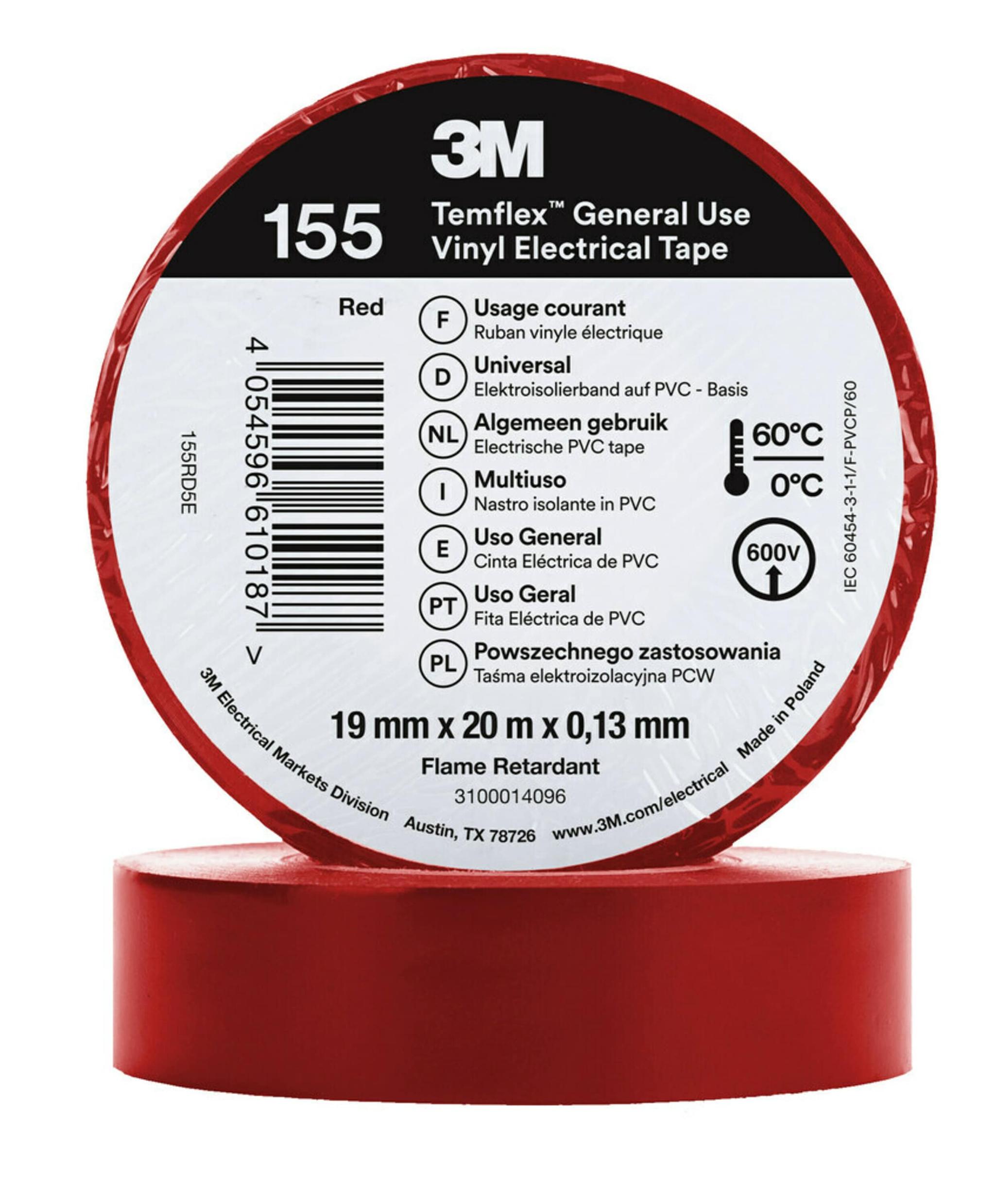 3M Temflex 155 Isolierband, Vinyl Rot, 0.13mm x 19mm x 20m bis +60°C