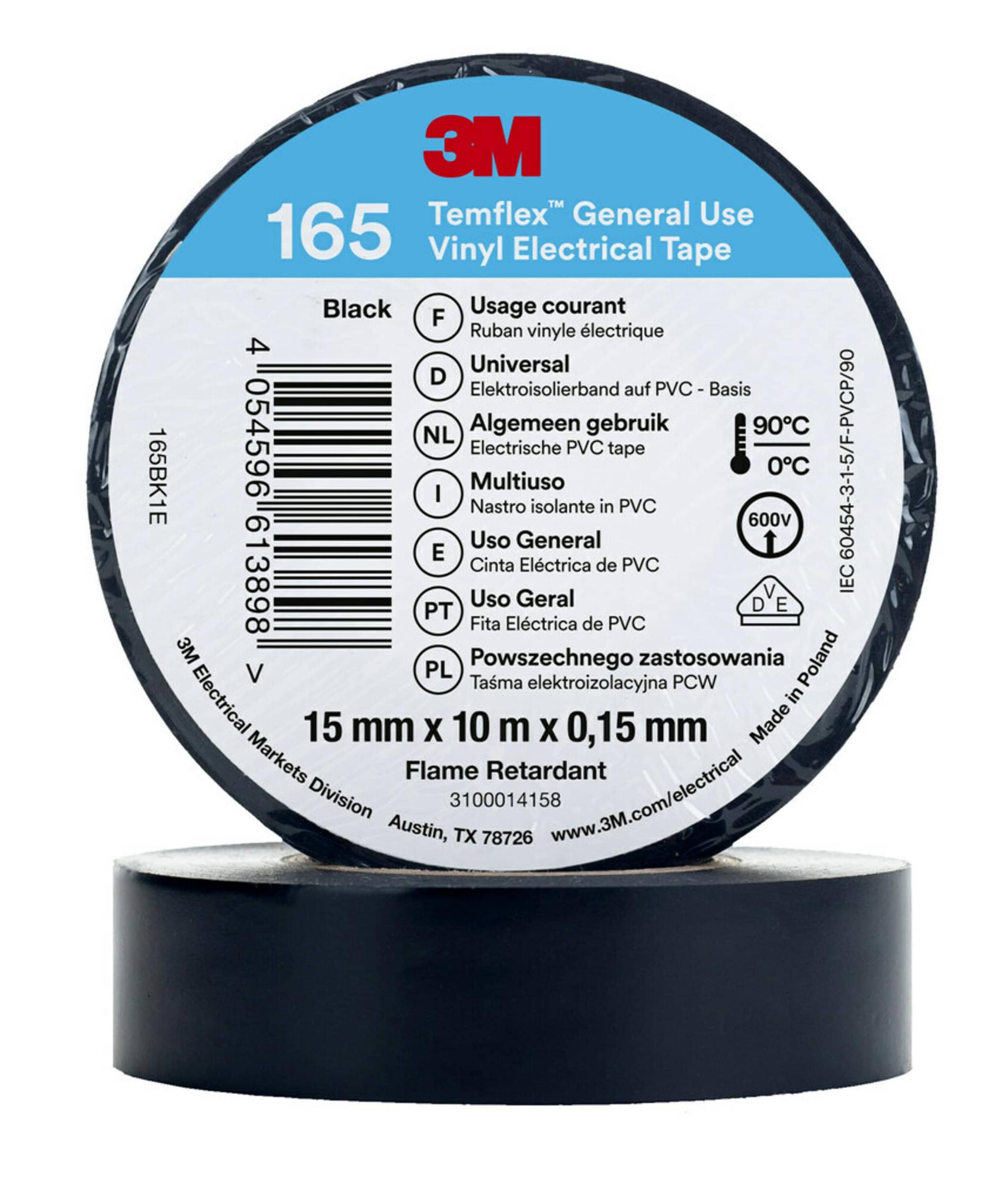 3M Temflex 165 Isolierband, Vinyl Schwarz, 0.152mm x 15mm x 10m bis +90°C