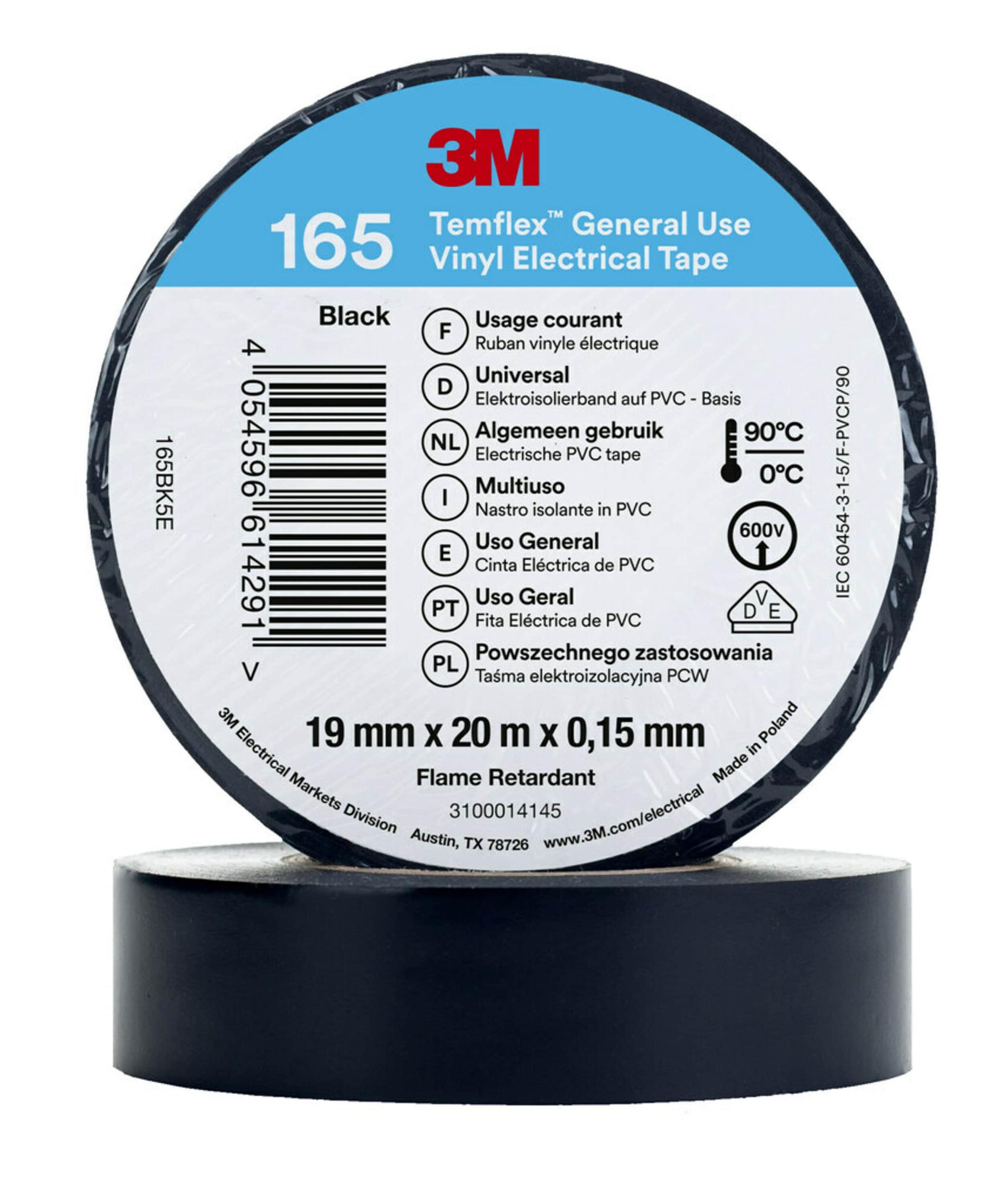 3M Temflex Isolierband, Vinyl Schwarz, 0.152mm x 19mm x 20m bis +90°C