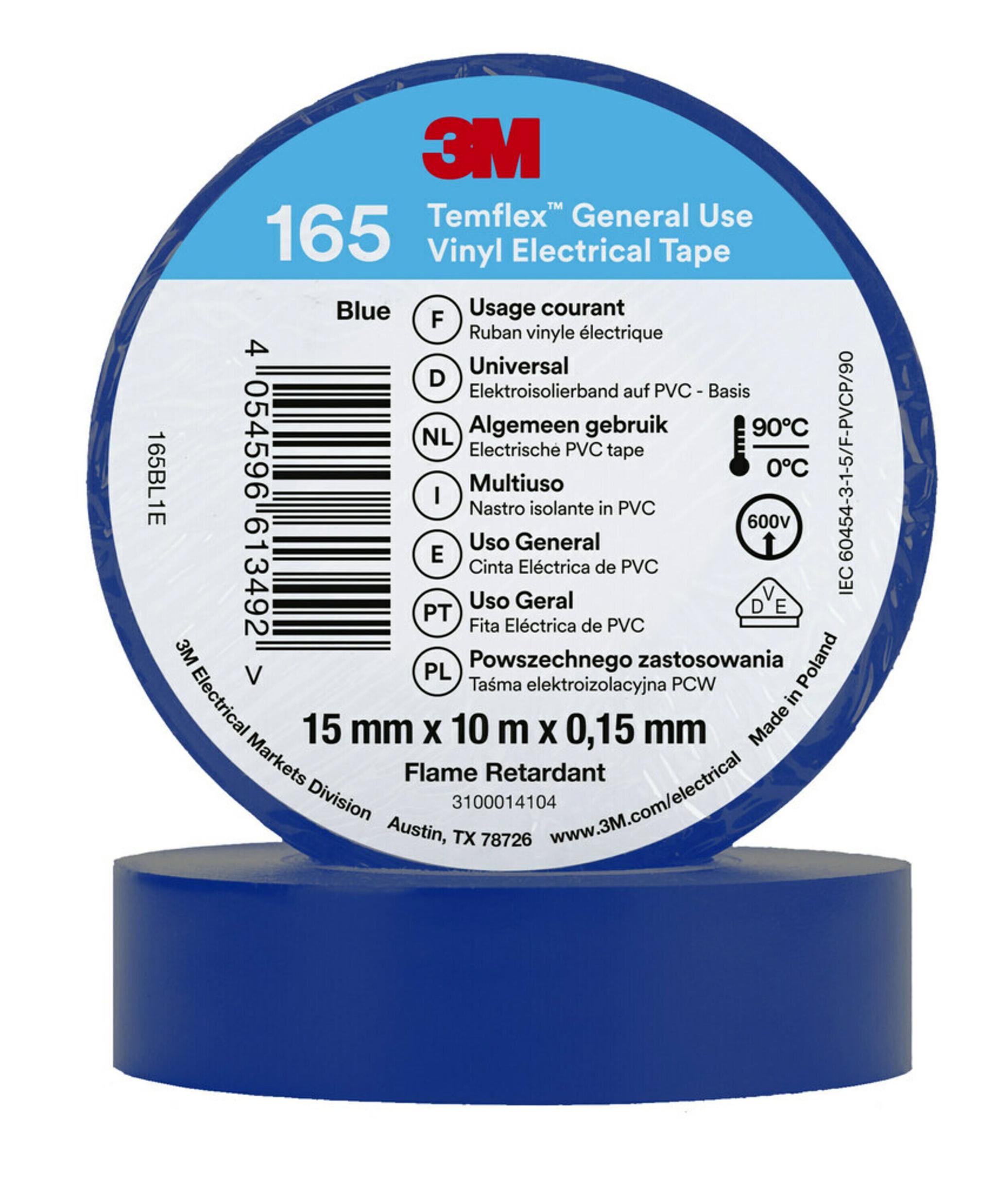 3M Temflex Isolierband, Vinyl Blau, 0.152mm x 15mm x 10m bis +90°C