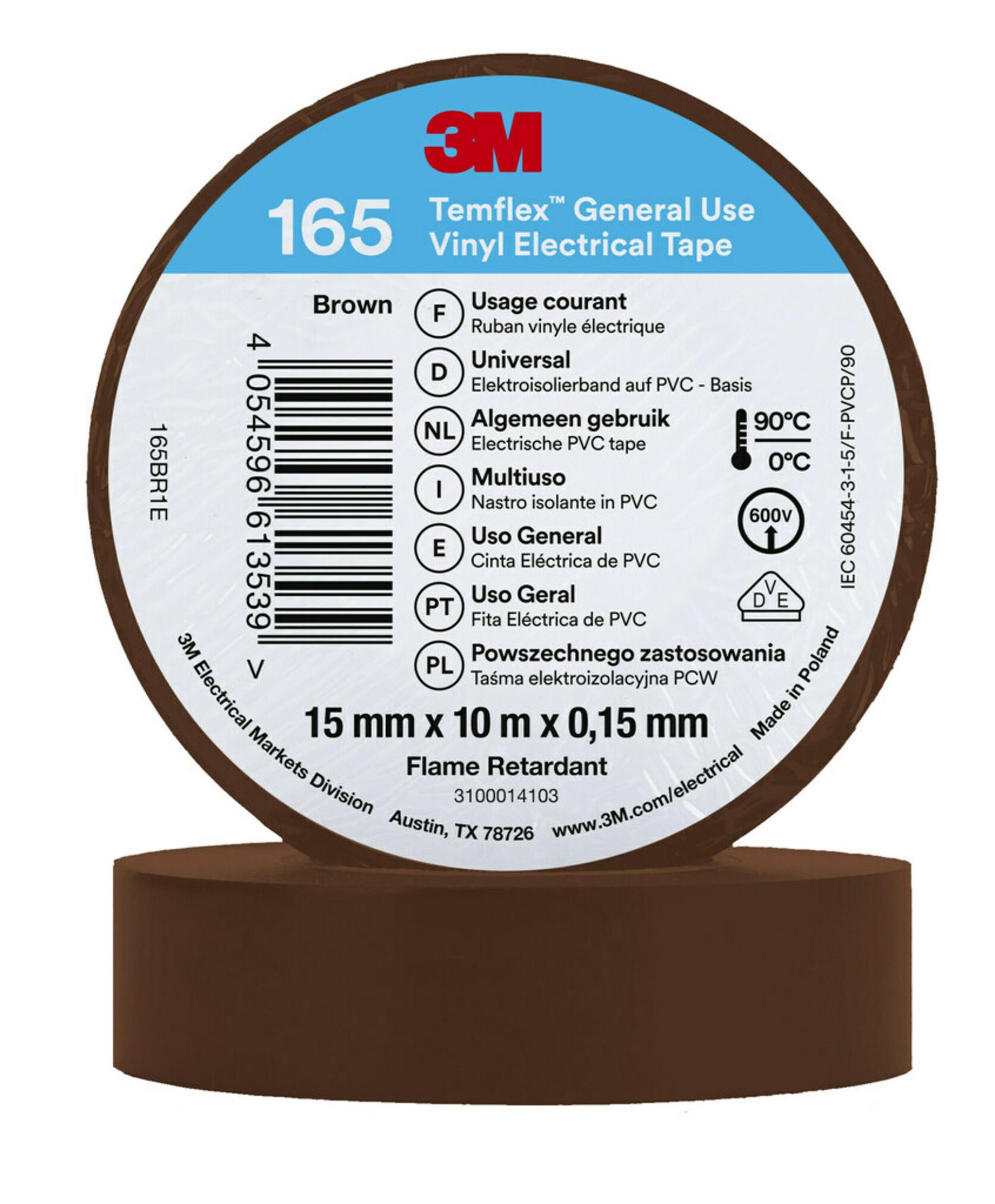 3M Temflex 165 Isolierband, Vinyl bronzefarben, 0.152mm x 15mm x 10m