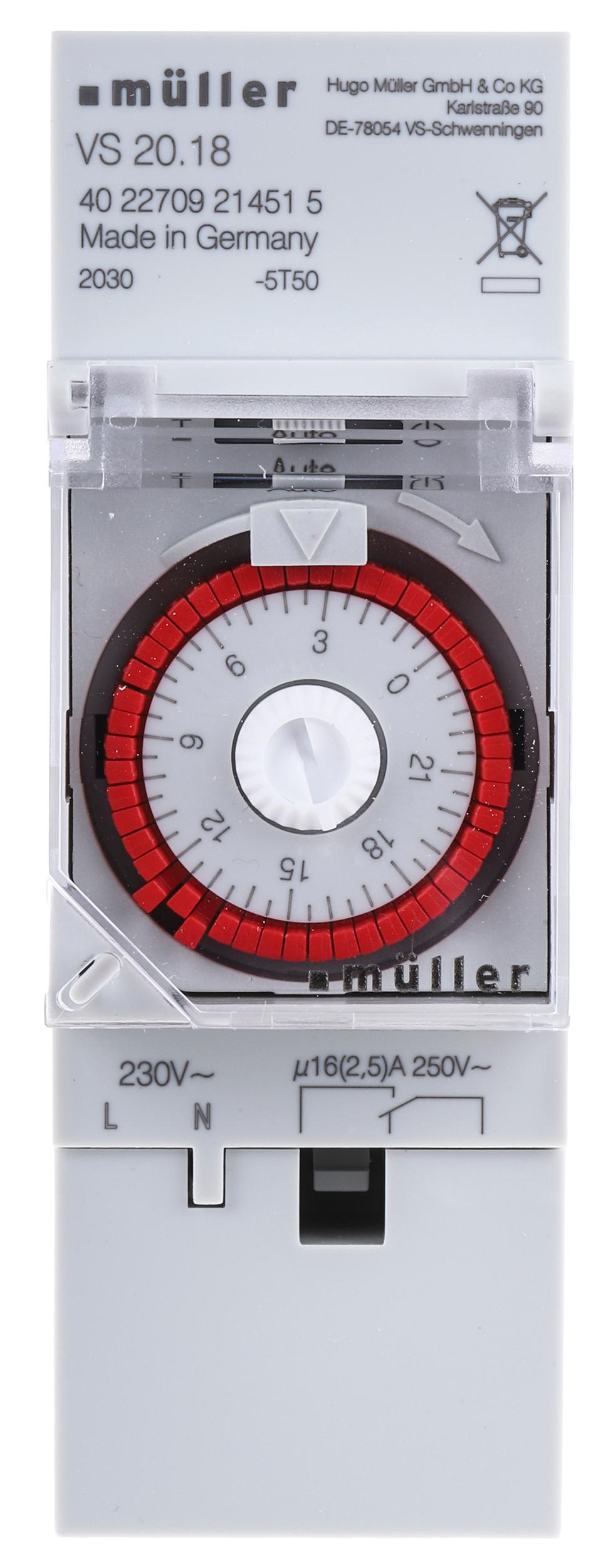 Müller Analog DIN-Schienen-Zeitschaltuhr, Minuten, 230 Vac, 1-Kanal, 48 Speicherplätze