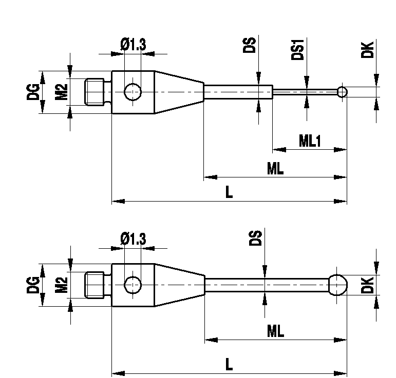 Produktfoto 1 von M2 Ø0,6 mm Rubinkugel, Hartmetallschaft, L 18,3 mm, ML1/ML 4,6/13,8 mm, für Zeiss Anwendungen