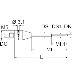 Produktfoto 2 von M5 Ø1,5 mm Siliziumnitridkugel, Hartmetallschaft, L 30 mm, ML 8,0/20,0 mm, für Zeiss Anwendungen