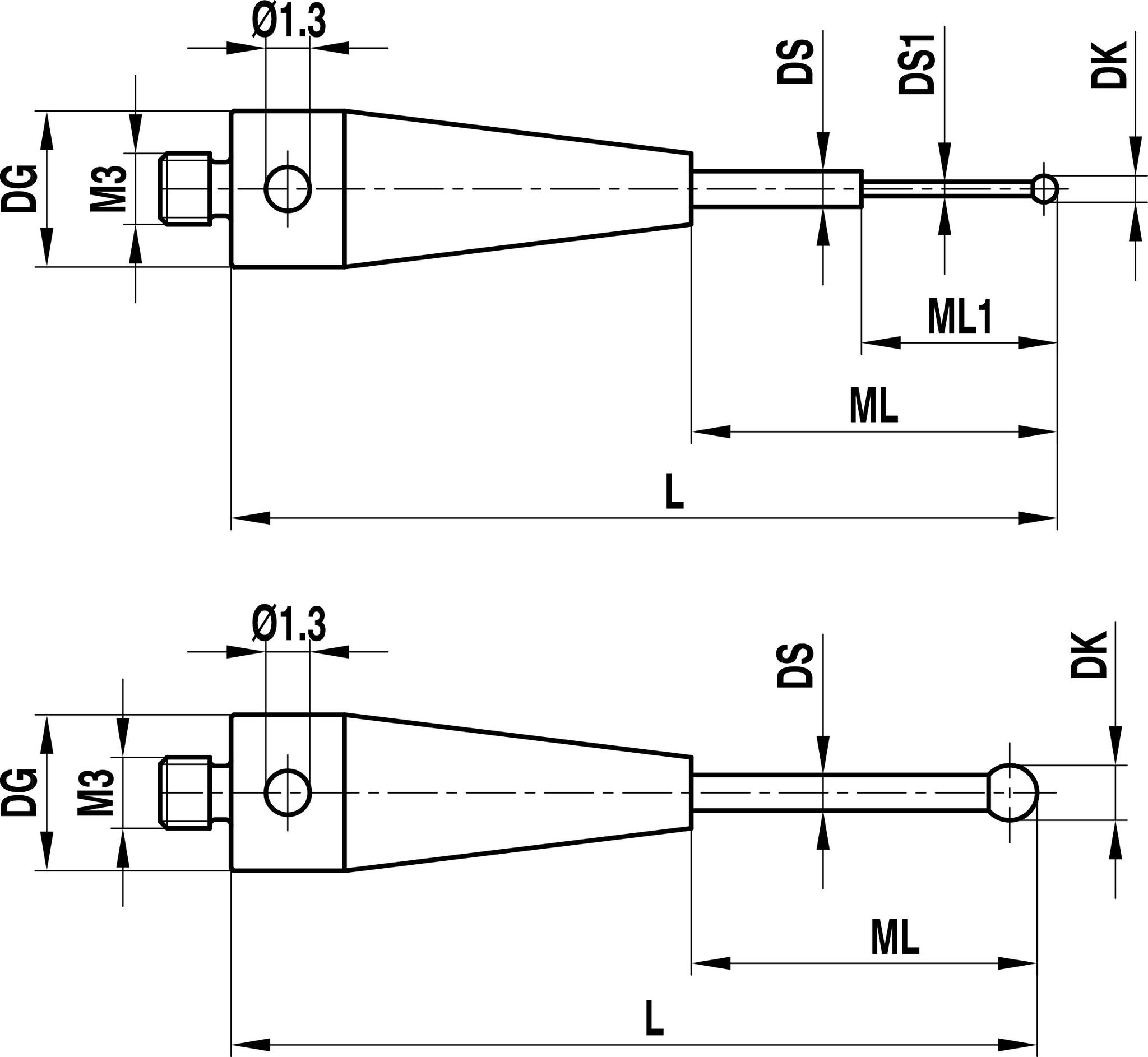 Produktfoto 1 von M3 Ø0,1 mm Rubinkugel, Hartmetallschaft, L 30 mm, ML1/ML 5,0/21 mm, für Zeiss Anwendungen