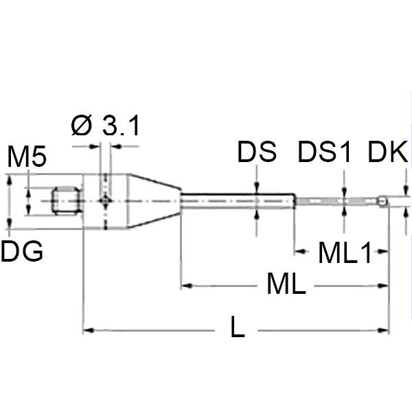 Produktfoto 1 von M5 Ø3 mm Rubinkugel, Hartmetallschaft, L 25 mm, ML 15 mm, für Zeiss Anwendungen