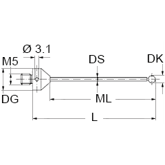 Produktfoto 2 von M5 Ø3 mm Siliziumnitridkugel, Hartmetallschaft, L 33,5 mm, ML 23,5 mm, für Zeiss Anwendungen