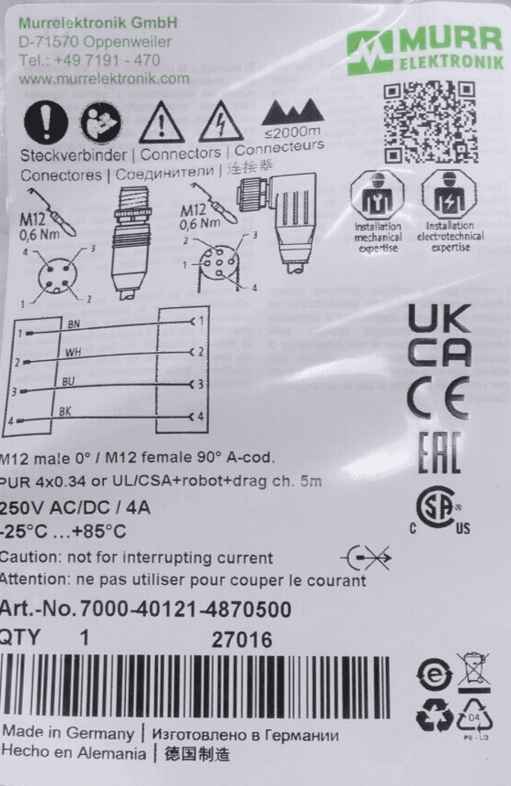 Produktfoto 2 von Murr Elektronik 7000-40121-4870500 | M12 Anschlusskabel A-kod. mit Kabel | 5m