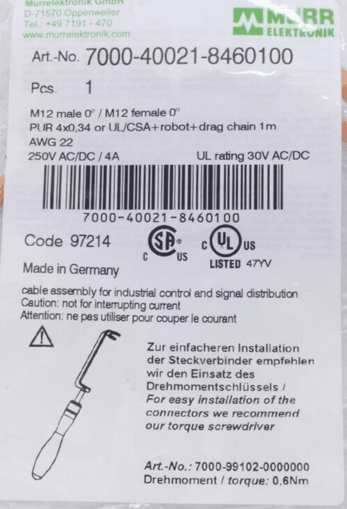 Produktfoto 2 von Murr Elektronik 7000-40021-8460100 | M12 Verbindungskabel 1m