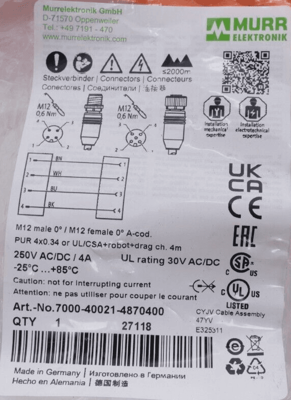 Produktfoto 2 von Murr Elektronik 7000-40021-4870400 | M12 Verbindungskabel A-cod. | 4m