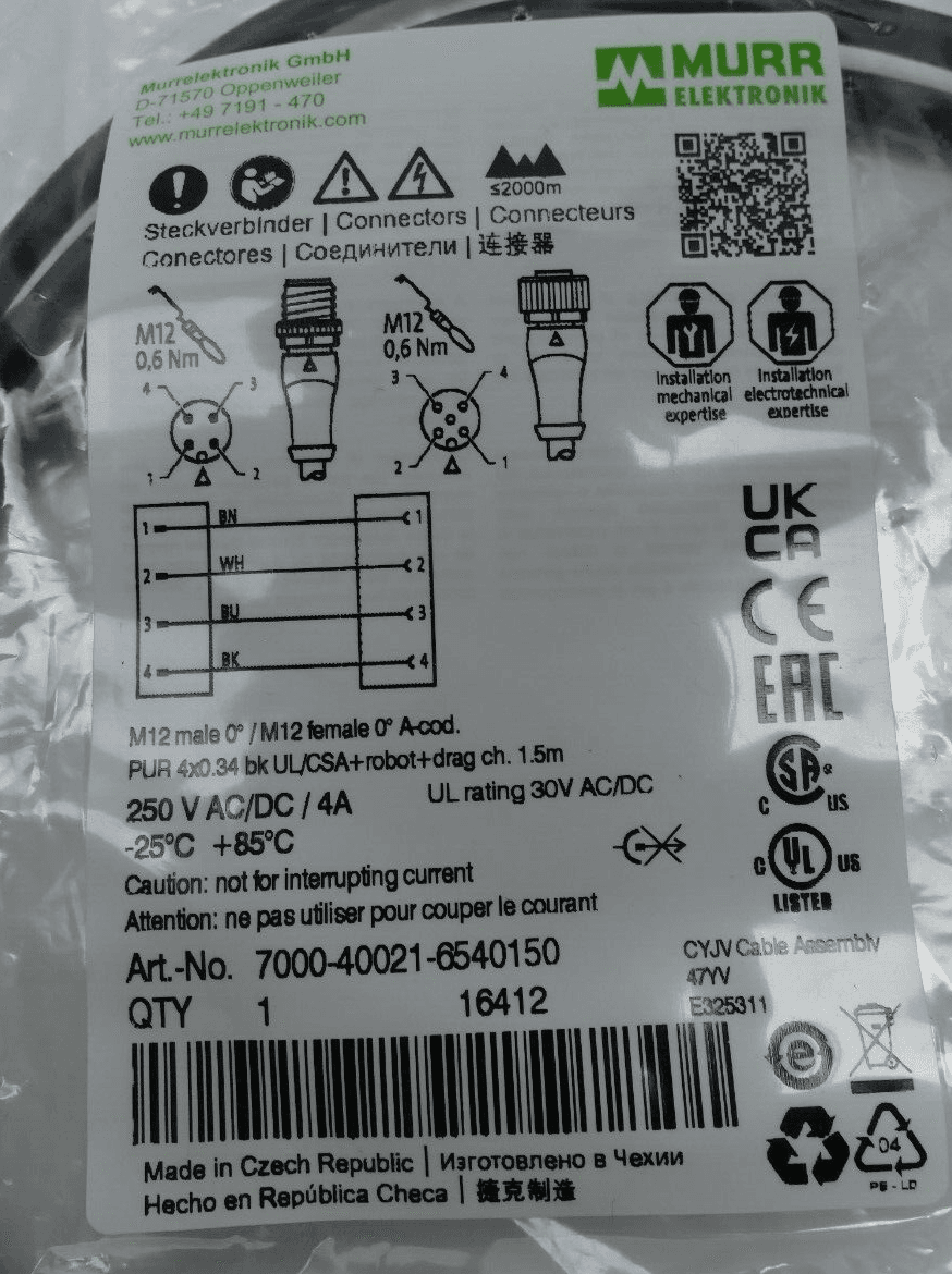 Produktfoto 1 von Murr Elektronik 7000-40021-6540150 M12 male 0°/M12 female 0° A-cod