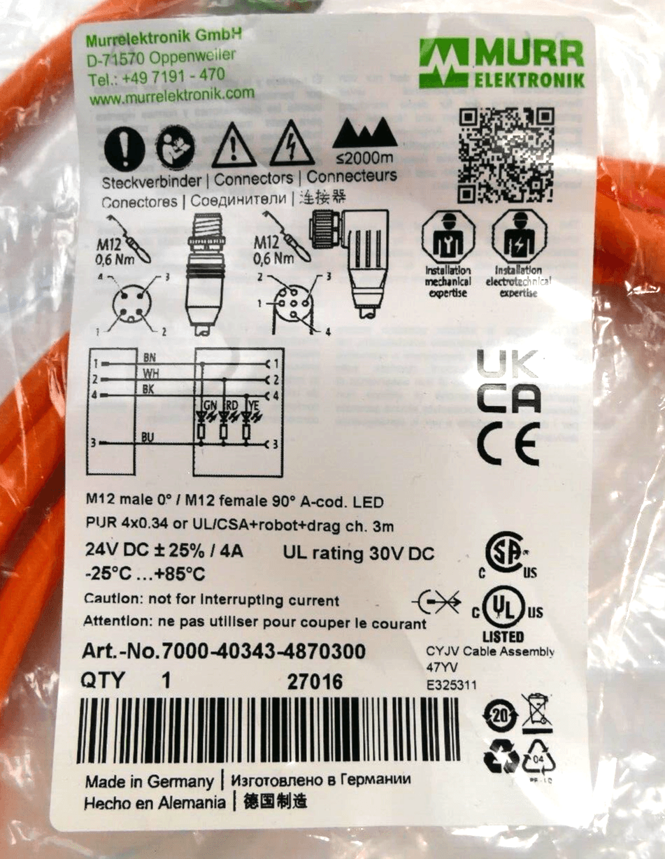 Produktfoto 1 von Murr Elektronik 7000-40343-4870300 M12 male 0° / M12 female 90° A-cod. LED