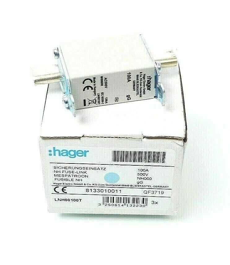 Produktfoto 1 von Hager NH-Sicherungseinsatz AC500V 100A NH000 gG (LNH00100T) 3er Pack