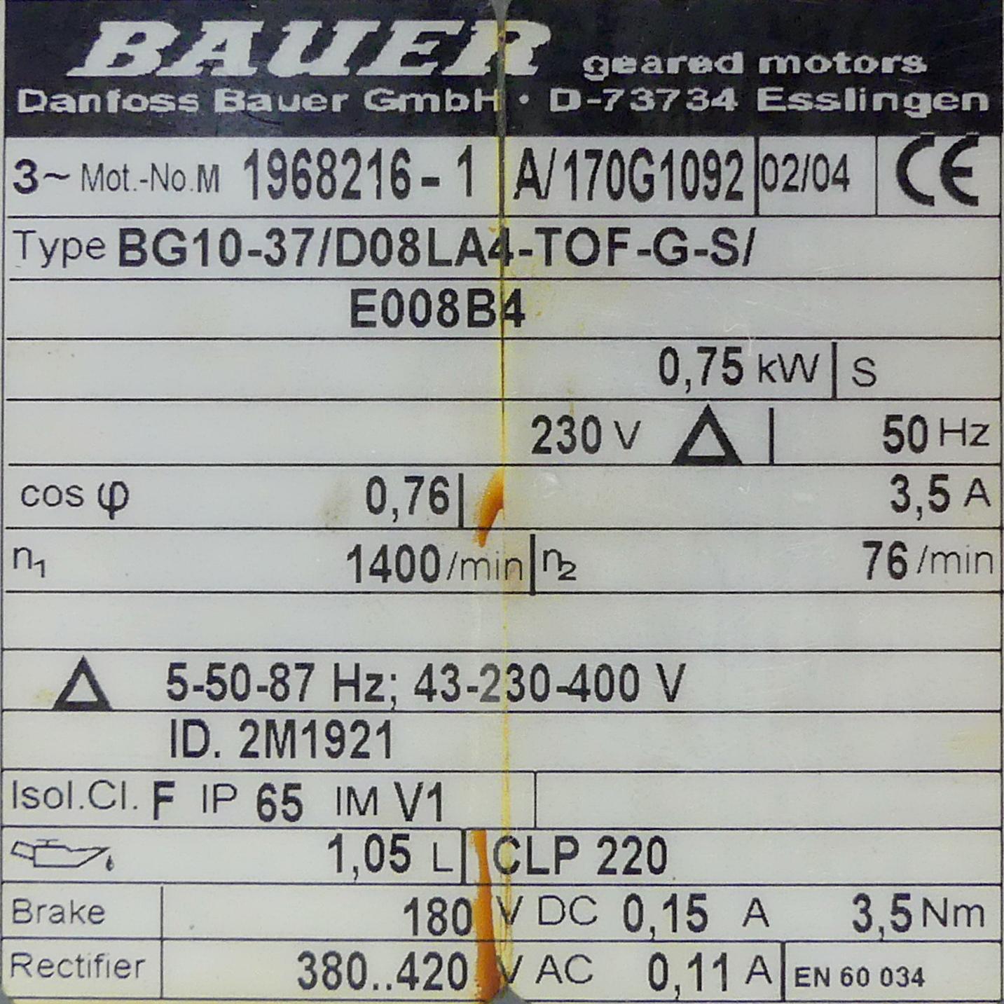 Produktfoto 2 von BAUER Getriebemotor BG10-37/D08LA4-TOF-G-S/