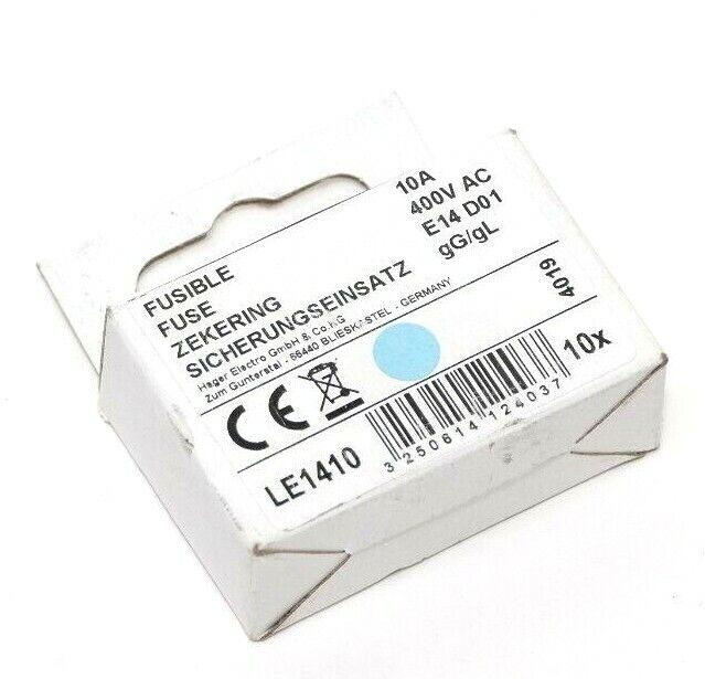 10x HAGER Sicherungseinsatz 10A / 400V AC / E14 D01 / gG/gL  // LE1410